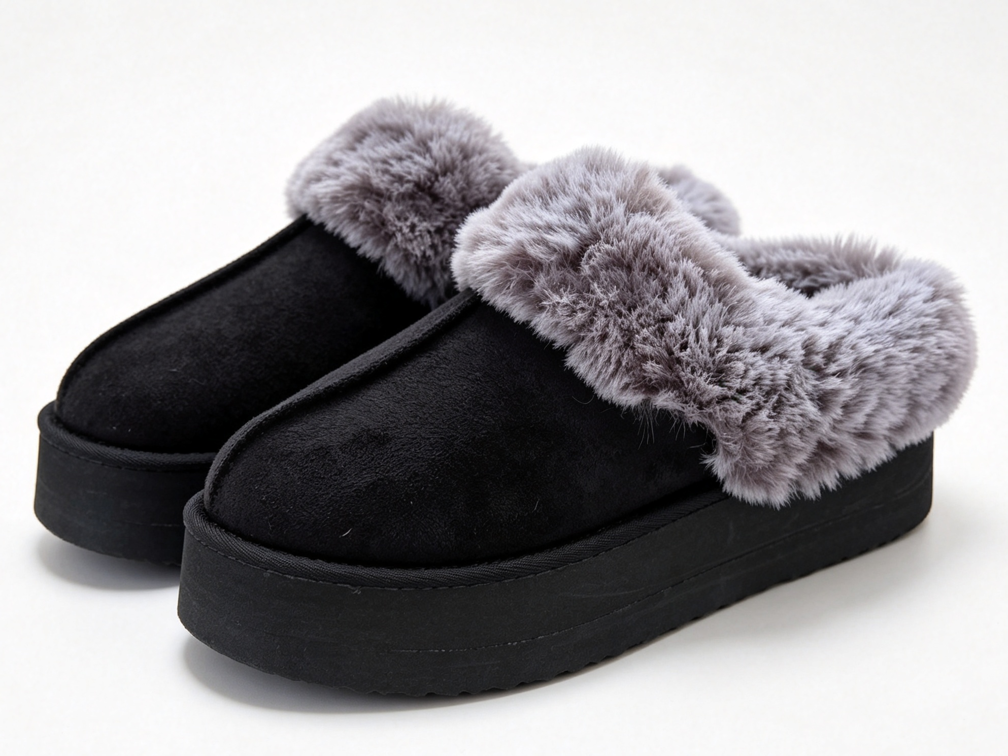 WOMEN'S MICRO SUEDE FLUFFY CUFF PLATFORM WINTER SLIPPER