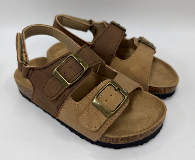 KIDS TWO-TONE BROWN DOUBLE BUCKLE FOOTBED SANDAL