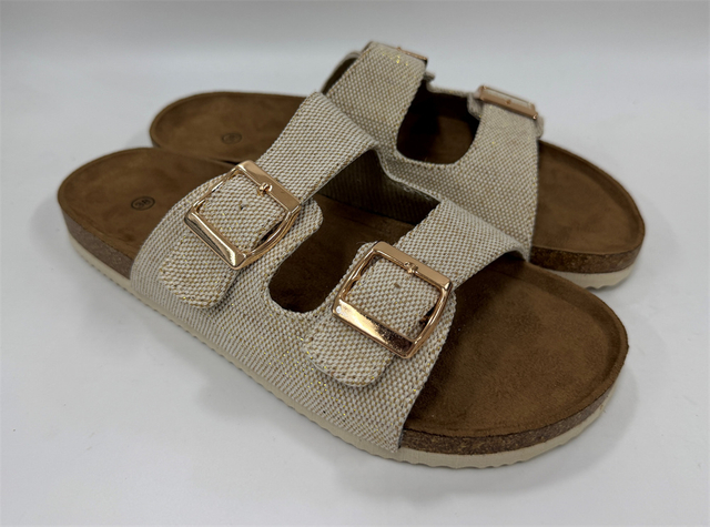 WOMEN'S GOLD THREAD LINEN DOUBLE BUCKLE FOOTBED