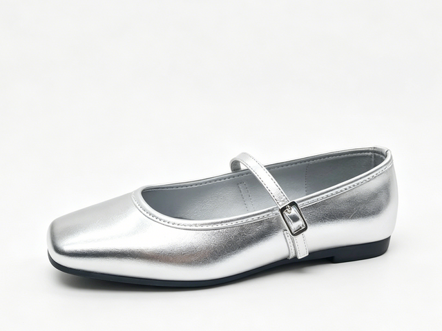 WOMEN'S METTALLIC SILVER SQUARE TOE MARY JANE FLAT