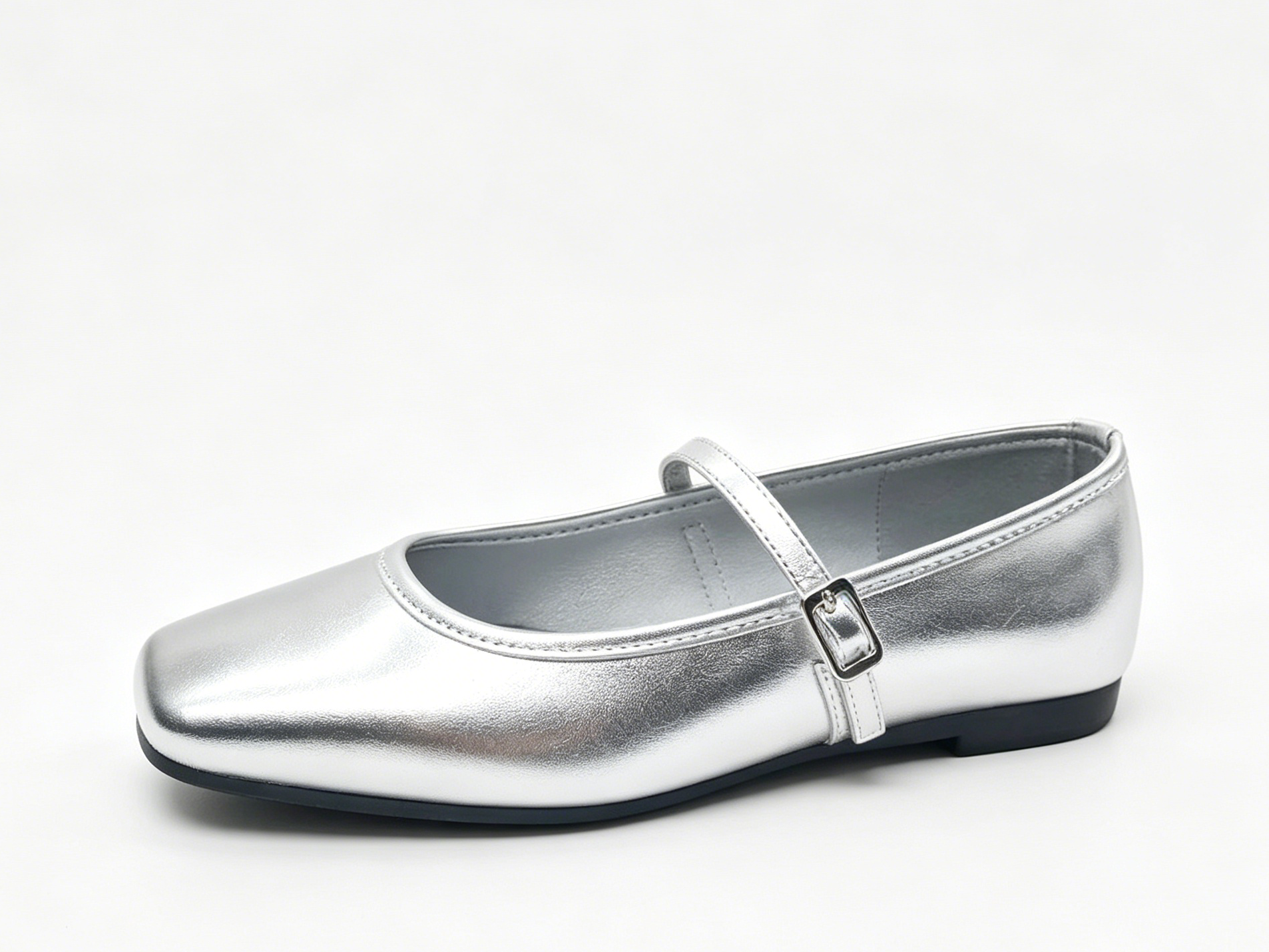 WOMEN'S METTALLIC SILVER SQUARE TOE MARY JANE FLAT