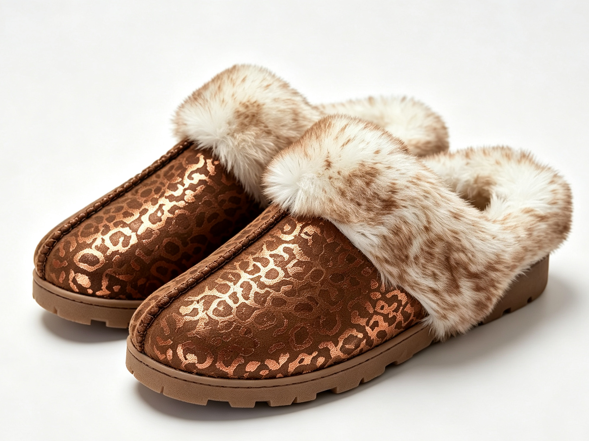 WOMEN'S METALLIC LEOPARD FAUX FUR MULE SLIPPER