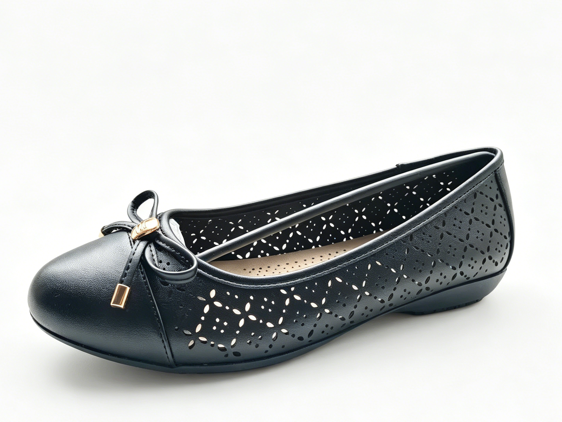 WOMEN'S LASER CUTOUT PU BOW FLAT SHOE