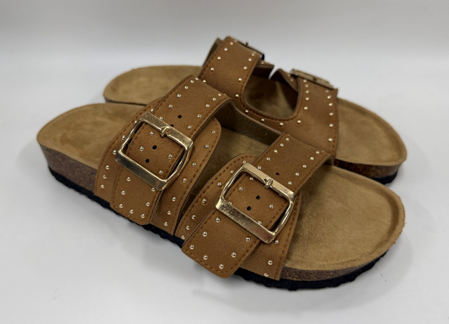 WOMEN'S TAN STUDDED FOOTBED